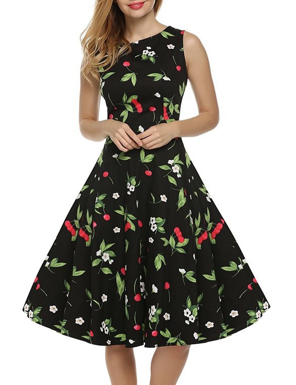 Damen floral bedrucktes A-Linien Kleid Drune