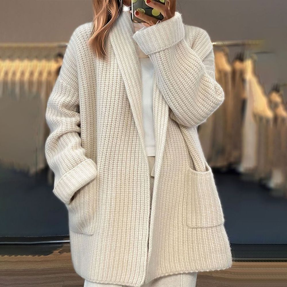 Drune | Weiße einfarbige langärmelige Strickjacke