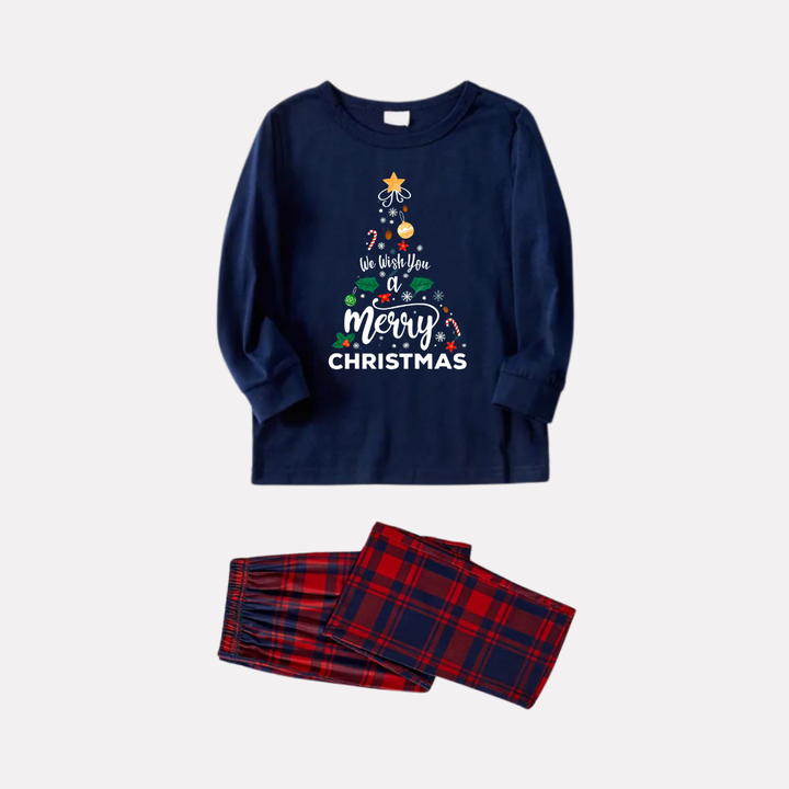 Drune | "We Wish You a Merry Christmas" Bedrucktes Blau Langarmshirt Mit Blau & Rotem Karomuster Familie Passende Pyjamas