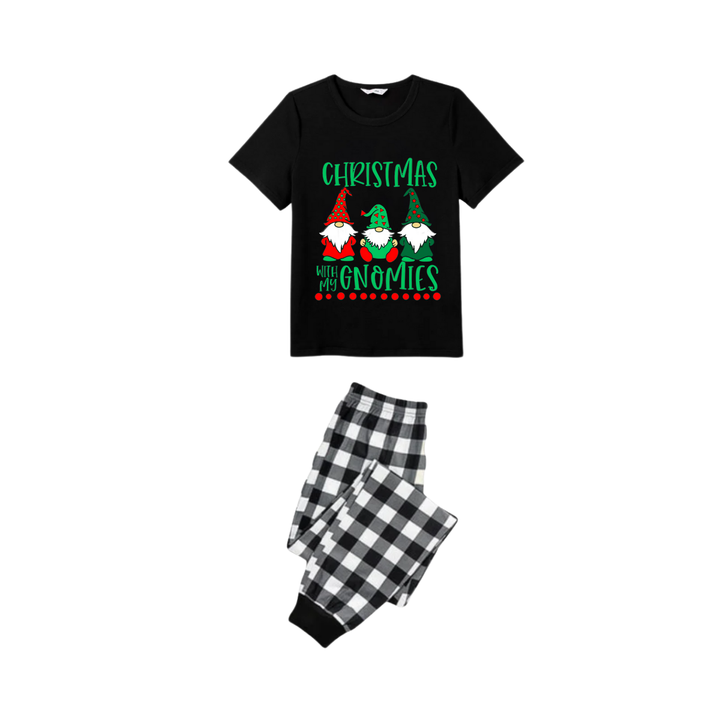 Drune | Schwarz-weißer karierter Weihnachts-Pyjama-Set mit kurzen Ärmeln und "Weihnachten mit meinen Gnomen" Textdruck