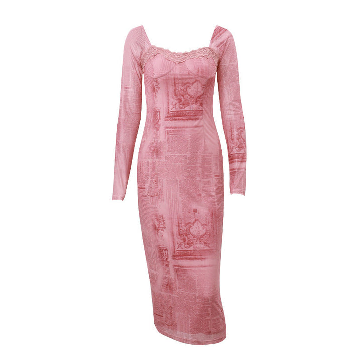 Drune Slim-Fit Kleid mit quadratischem Kragen und langen Ärmeln für Damen