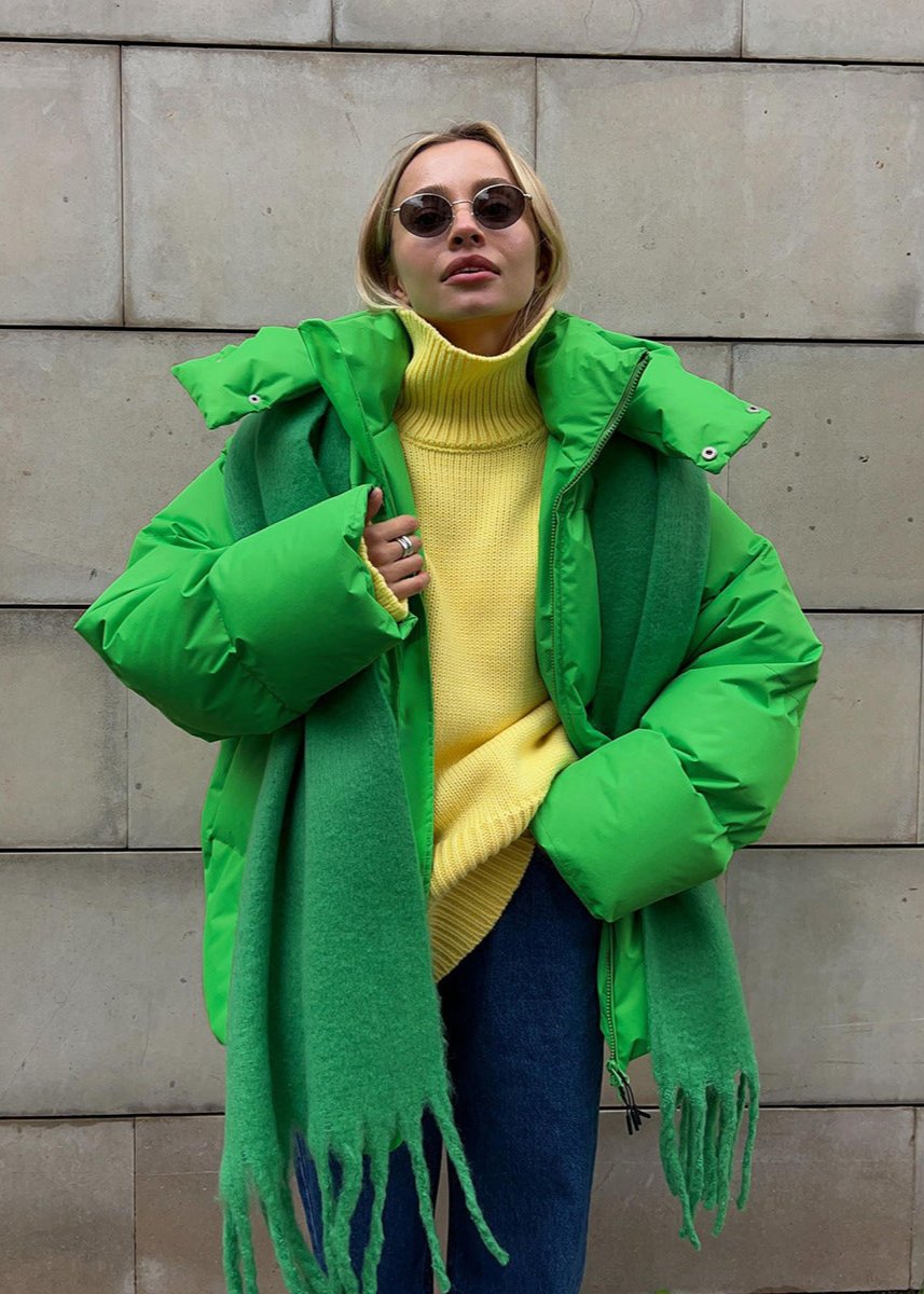 Drune | Neon Grüner Kapuzen-Pufferjacke
