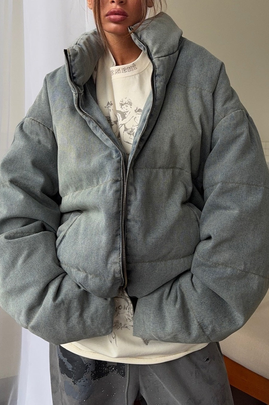Drune | Denim Stehkragen Pufferjacke