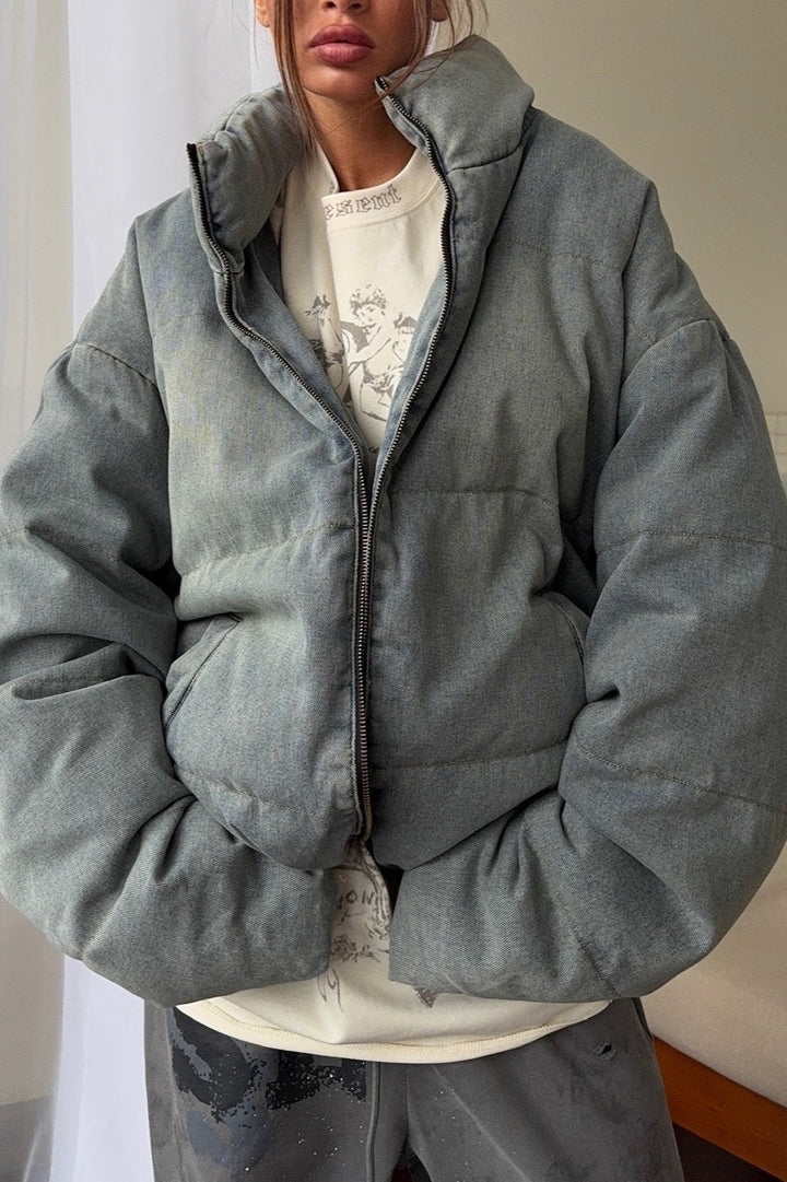 Drune | Denim Stehkragen Pufferjacke