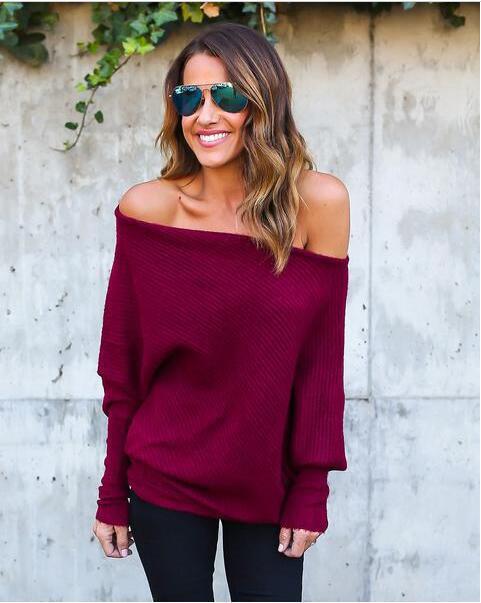 Damen Off-Shoulder Strickpullover im lässigen Oversized-Stil Drune