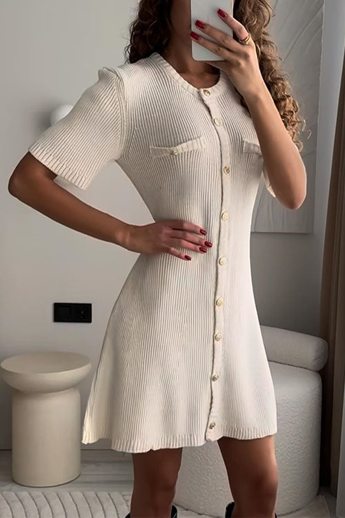 Drune | Rosiedress Kurzarm Knopfverschluss Mini Strickkleid