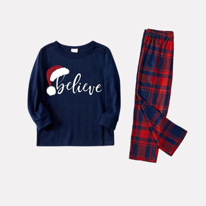 Drune | Weihnachten "Believe" Buchstaben Drucken Blau Langarmoberteil mit Rot- und Blau-Karierten Weihnachtsfamilien-Matching Pyjamas