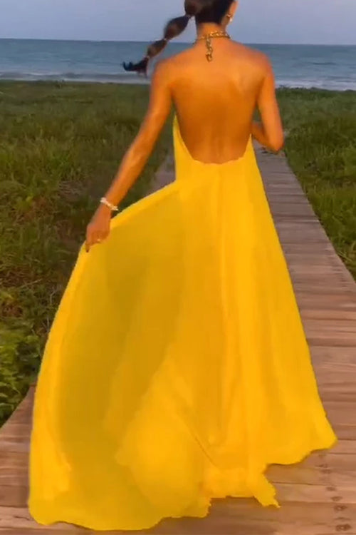 Drune | Rosiedress Ketten-Halter Offener Rücken Maxi Swing Kleid