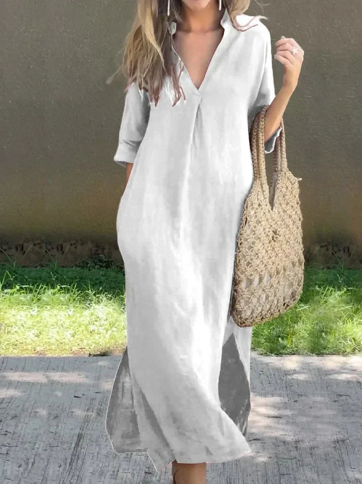 Drune | Schlichte Leinenkleid mit V-Ausschnitt und Tasche