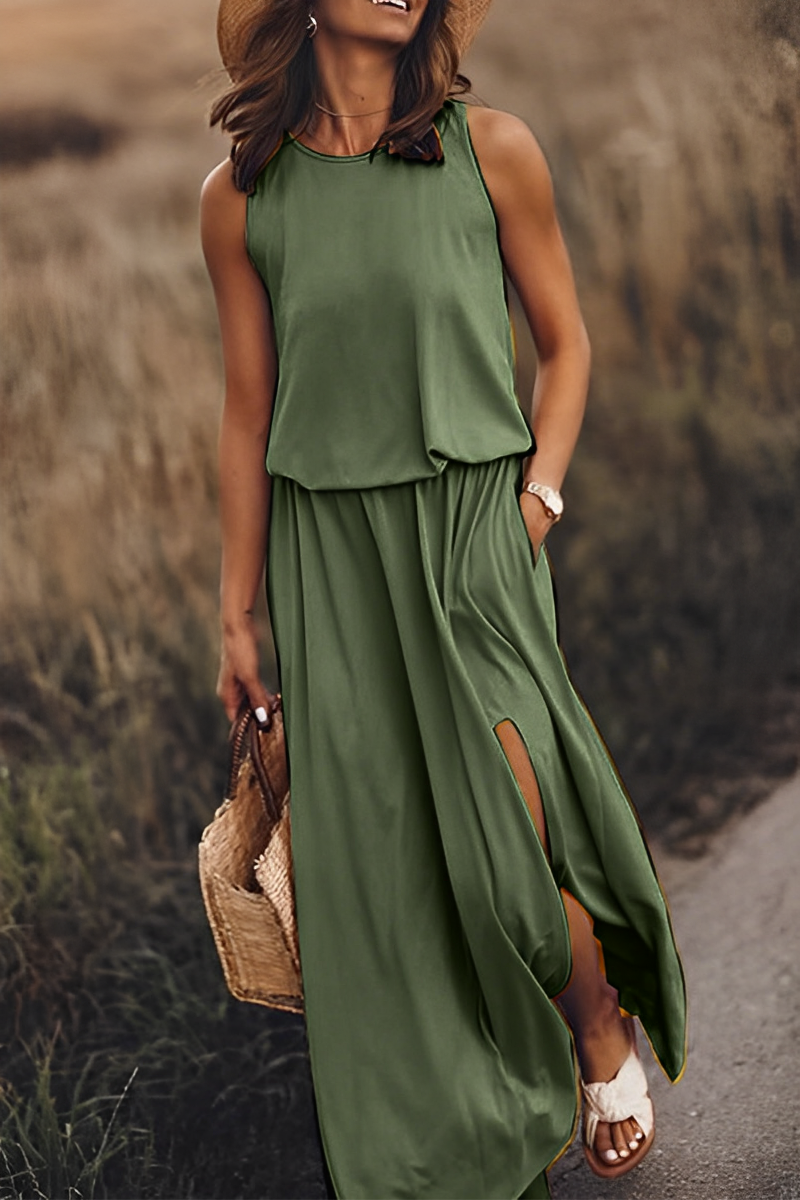 Drune langes Kleid | Elegantes ärmelloses Sommerkleid mit Ausschnitten