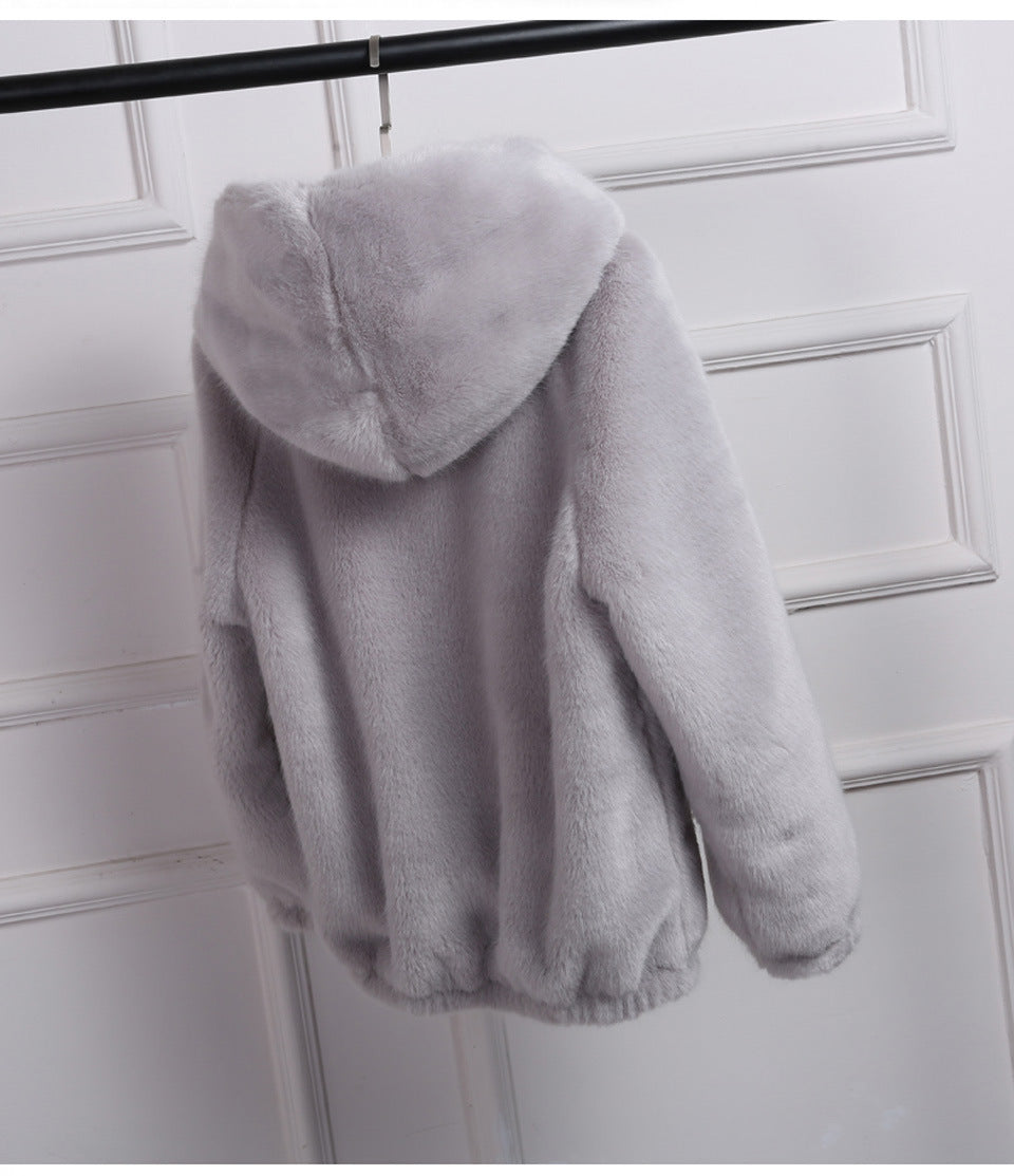 Damen Plüschjacke mit Kapuze und hochwertiger Fleece-Oberfläche Drune