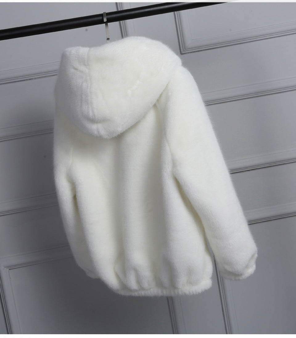 Damen Plüschjacke mit Kapuze und hochwertiger Fleece-Oberfläche Drune