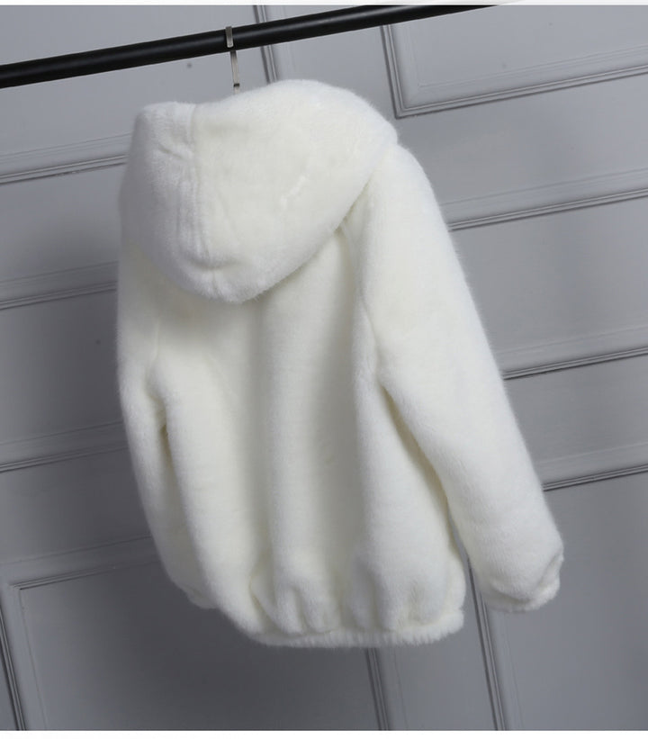 Damen Plüschjacke mit Kapuze und hochwertiger Fleece-Oberfläche Drune