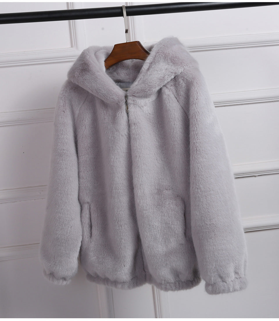 Damen Plüschjacke mit Kapuze und hochwertiger Fleece-Oberfläche Drune