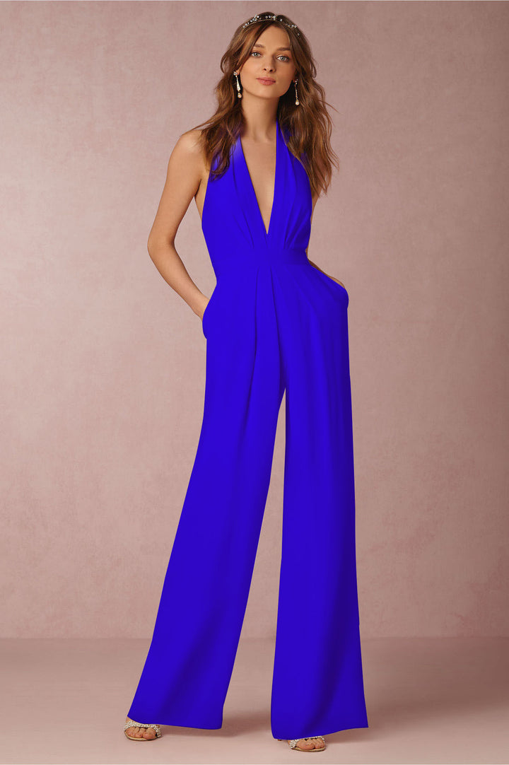 Damen Jumpsuit mit tiefem V-Ausschnitt und weiten Beinen Drune