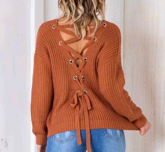 Damen Grob gestrickter Pullover mit lässigem Schnitt und tiefem Rundhalsausschnitt Drune