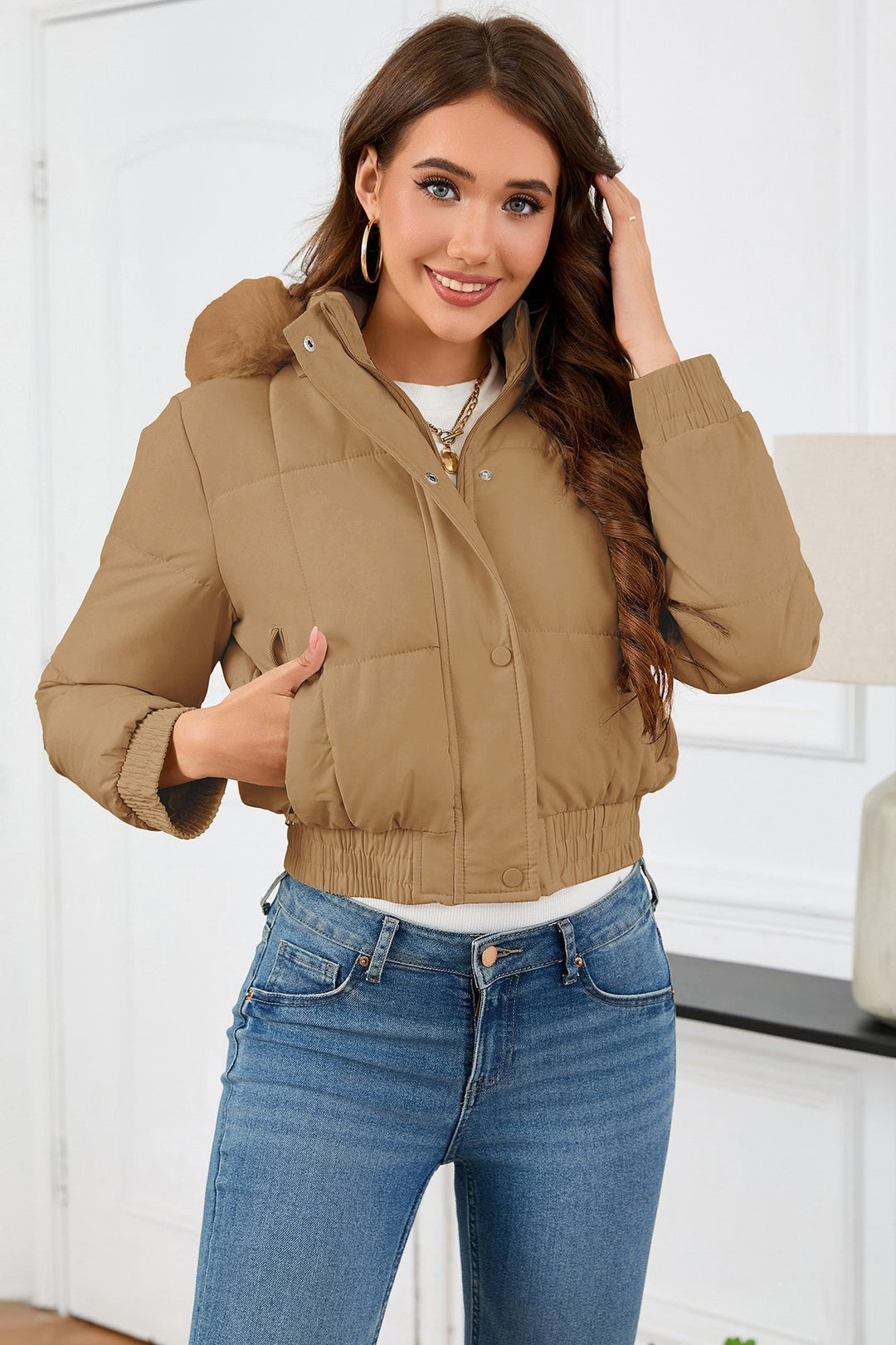 Drune | Hohe Taille Kunstpelz Kapuze Pufferjacke