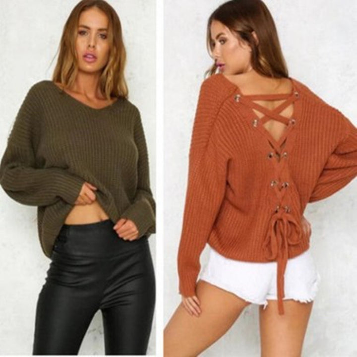 Damen lässiger Grobstrickpullover mit weitem Schnitt und V-Ausschnitt Drune