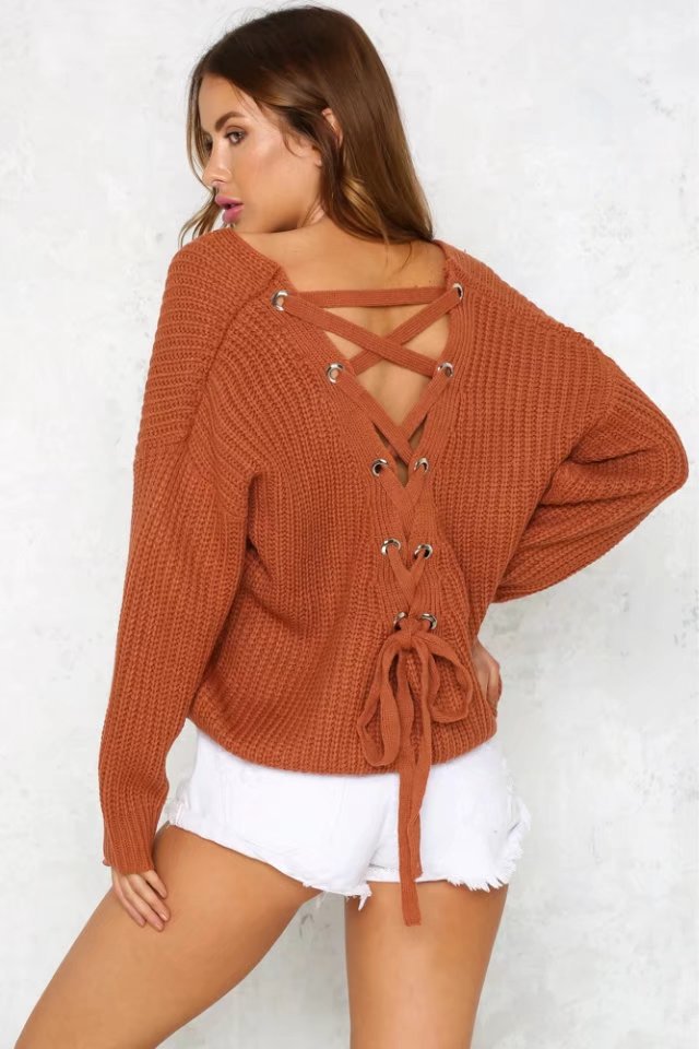 Damen lässiger Grobstrickpullover mit weitem Schnitt und V-Ausschnitt Drune