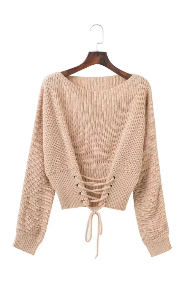 Damen lässiger Strickpullover mit tiefem V-Ausschnitt und detailreichem Schnürdesign Drune