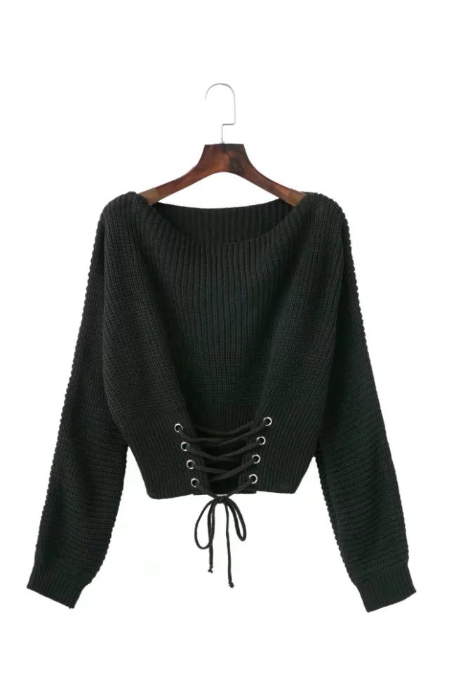 Damen lässiger Strickpullover mit tiefem V-Ausschnitt und detailreichem Schnürdesign Drune