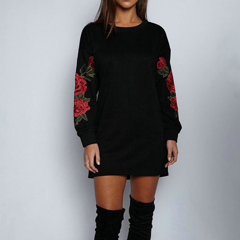 Damen Sweatkleid mit floralem Stickdesign und weiten Ärmeln Drune