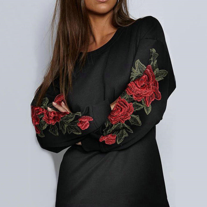 Damen Sweatkleid mit floralem Stickdesign und weiten Ärmeln Drune