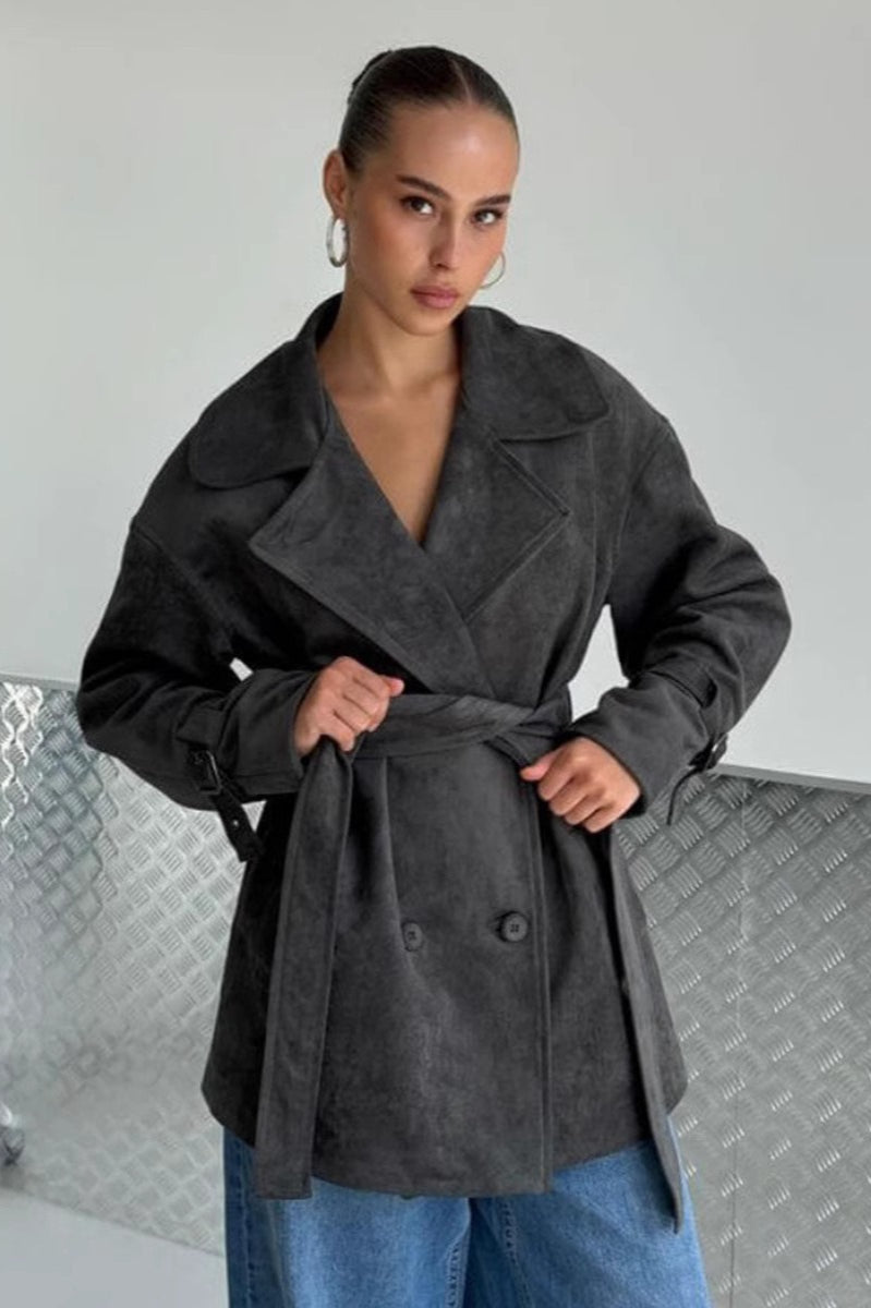 Drune | Wildleder Revers Taillenbund Jacke Mantel