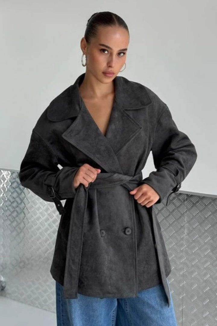 Drune | Wildleder Revers Taillenbund Jacke Mantel