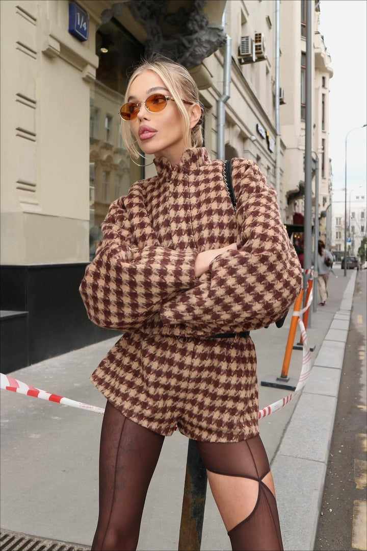 Drune | Hahnentritt Reißverschlussjacke und Shorts Zweiteiliges Set