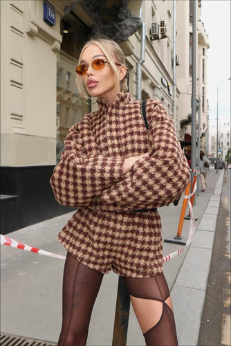 Drune | Hahnentritt Reißverschlussjacke und Shorts Zweiteiliges Set