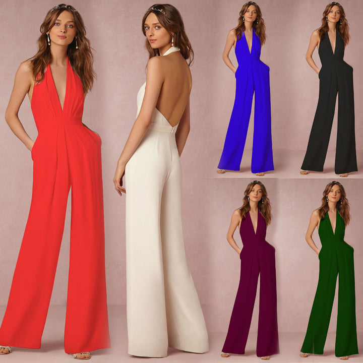 Damen schulterfreier Jumpsuit mit elegantem Rückenausschnitt und weitem Bein Drune