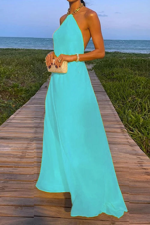 Drune | Rosiedress Ketten-Halter Offener Rücken Maxi Swing Kleid