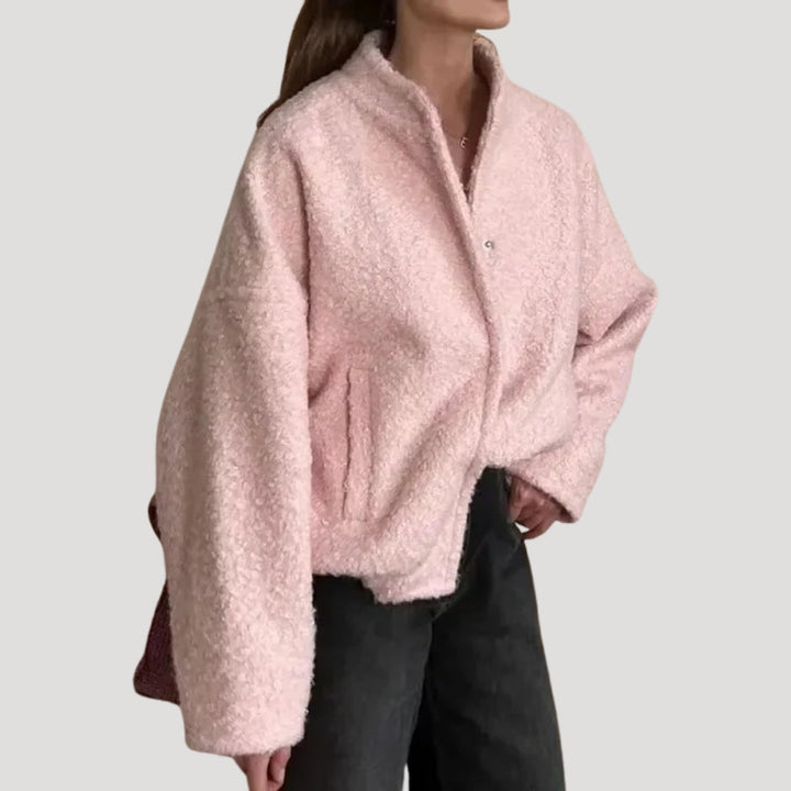 Drune | Damen Boucle Teddy Bomber Jacke pink mit Reißverschluss