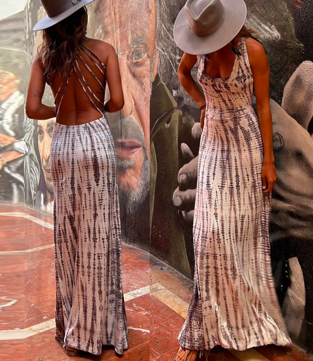 Drune | Rosiedress Criss Cross Offene Rücken Bindung Färbung Maxi Kleid