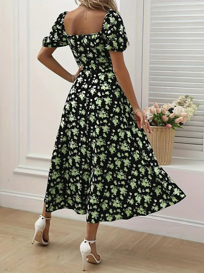 Drune | Schickes Kleid mit Puffärmeln Im A-Linien-Stil mit Blumendruck