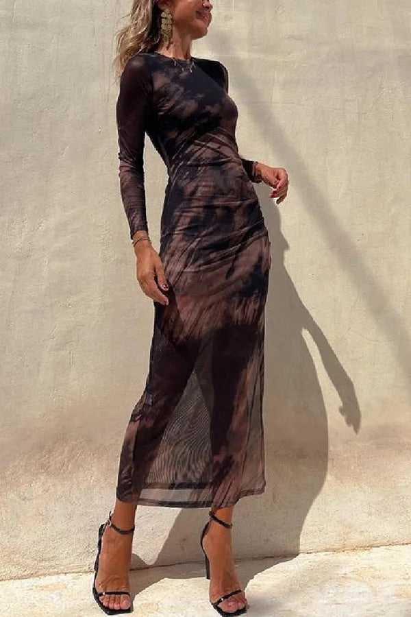 Drune | Charm Lady Mesh Overlay Tie Dye Print Langarm Rüsch Stretch Midi Kleid