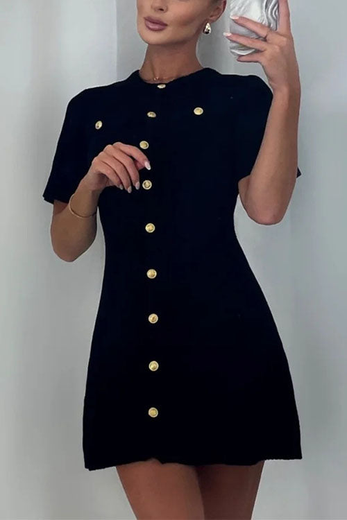 Drune | Rosiedress Kurzarm Knopfverschluss Mini Strickkleid