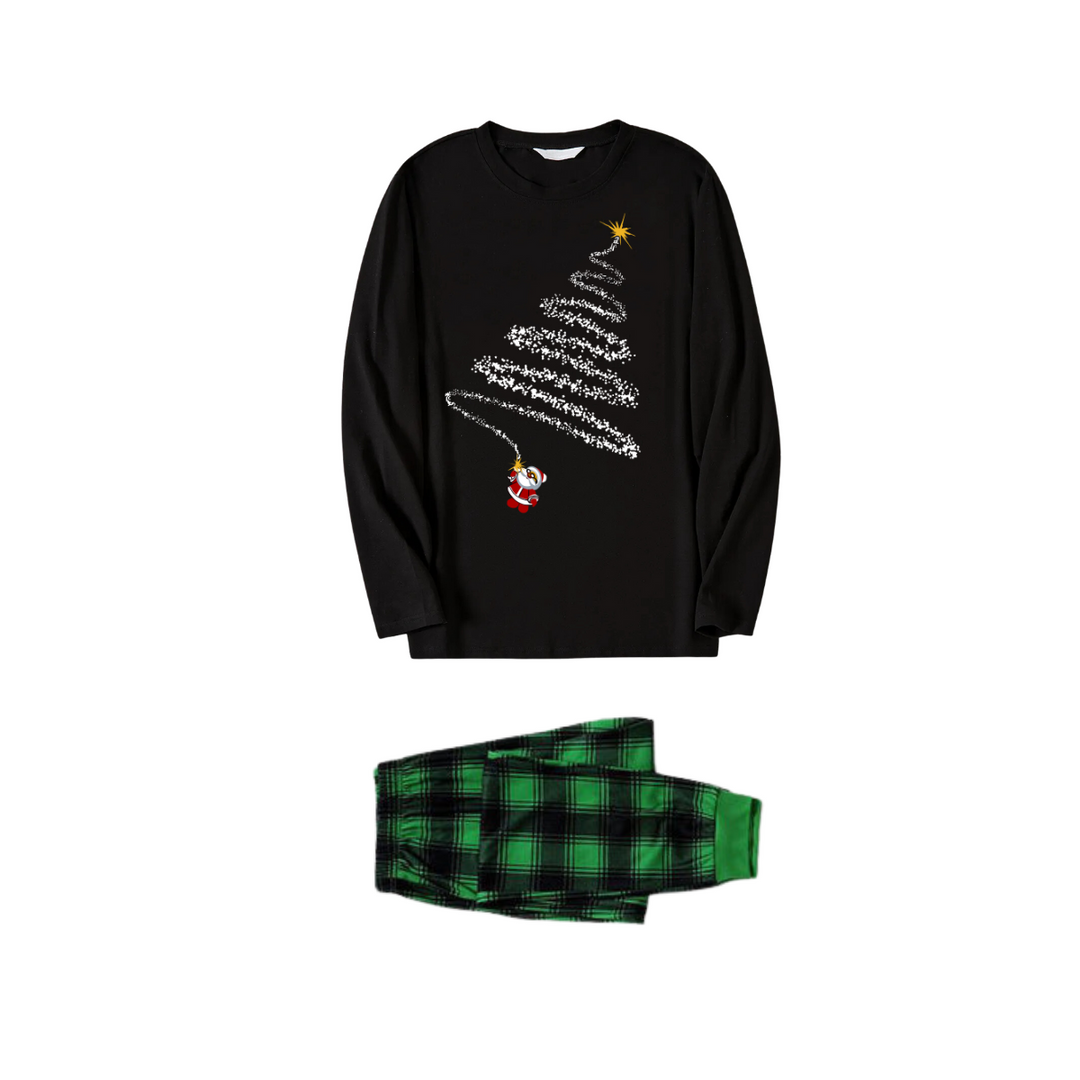 Drune | Weihnachtsmann und Weihnachtsbaum Druck Schwarzes Langarmoberteil mit Grün und Schwarz Karierter Familie passende Pyjamas
