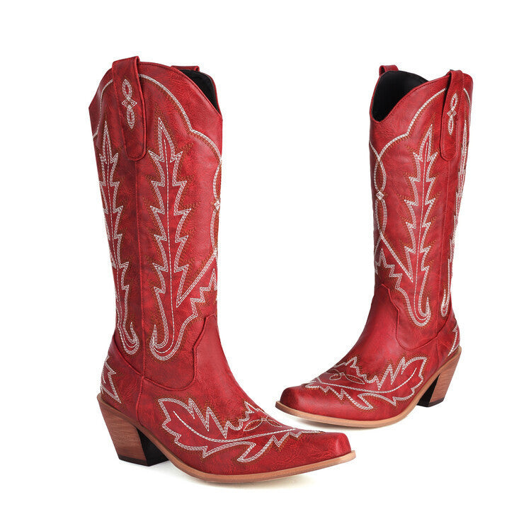 Drune | Bestickte Lange Kniehohe Stiefel Spitz Zehe Chunky Absatz Hoher Absatz