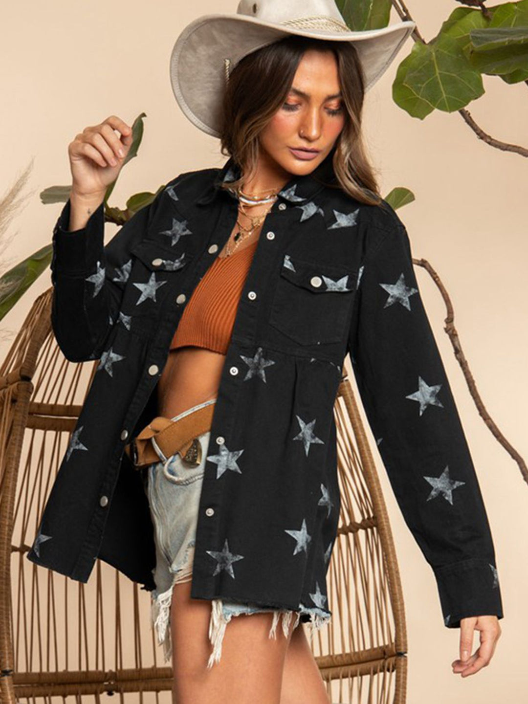 Drune | Kragenhals Sternmuster Langarm Denimjacke