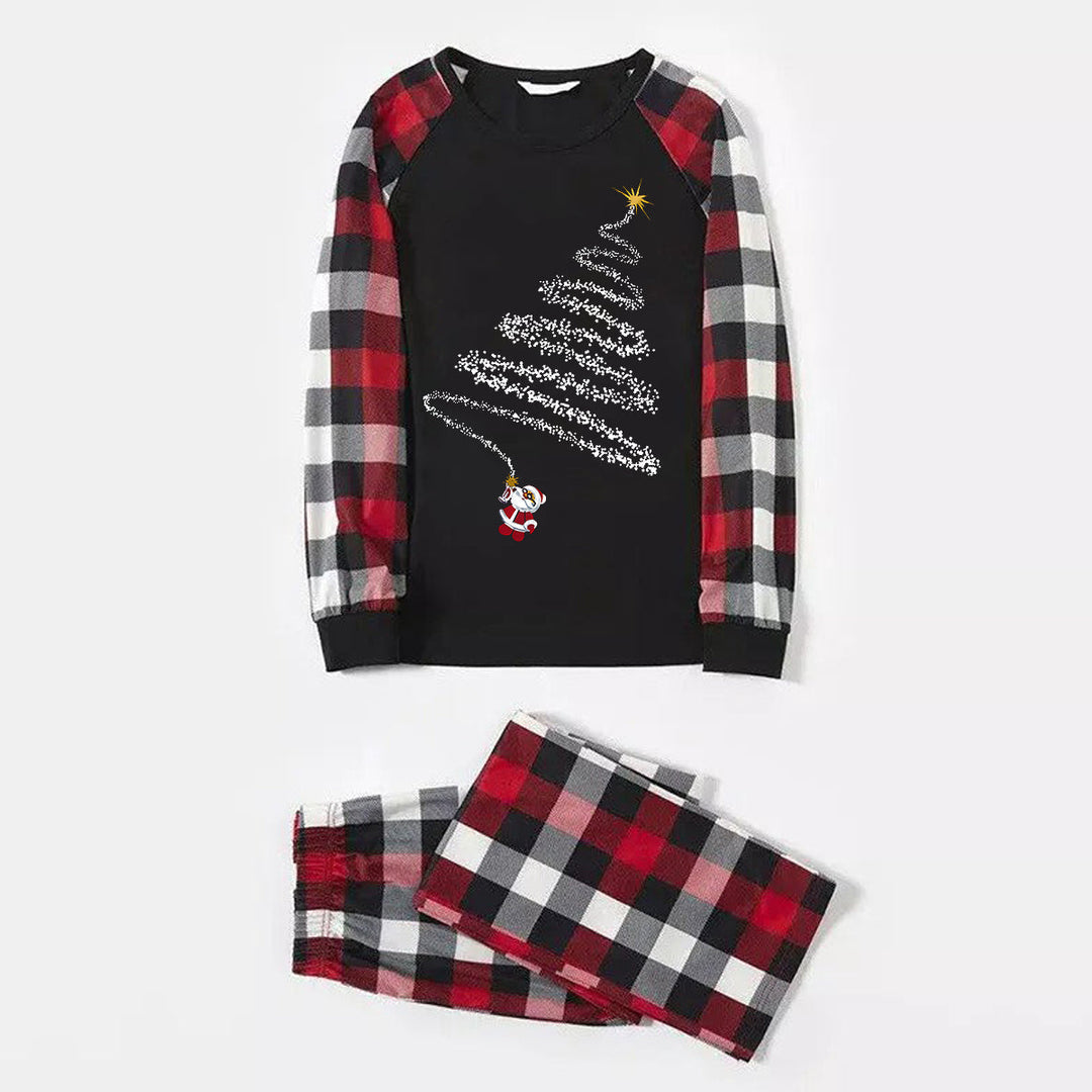 Drune | Weihnachtsmann-Print-Muster Freizeit Langarm-Sweatshirts Kontrast-Oberteile und rot & schwarz & weiß kariert Hose Familie passende Pyjama-Set mit Haustier-Bandana