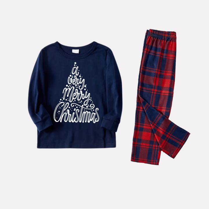 Drune | "Ein sehr fröhliches Weihnachten" Blaue Langarmoberteil mit blauer & roter karierter Familienpassender Pyjama