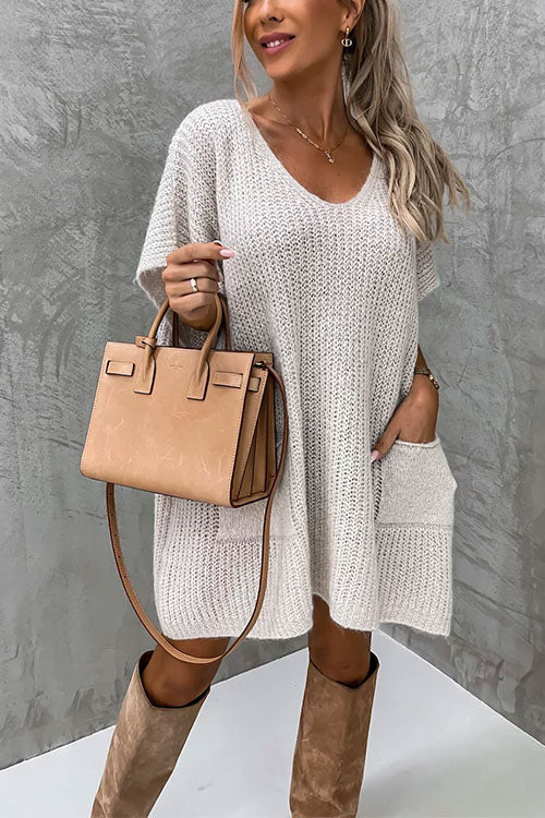 Drune | Rosiedress Oversized V-Ausschnitt Kurzarm Täschensweater