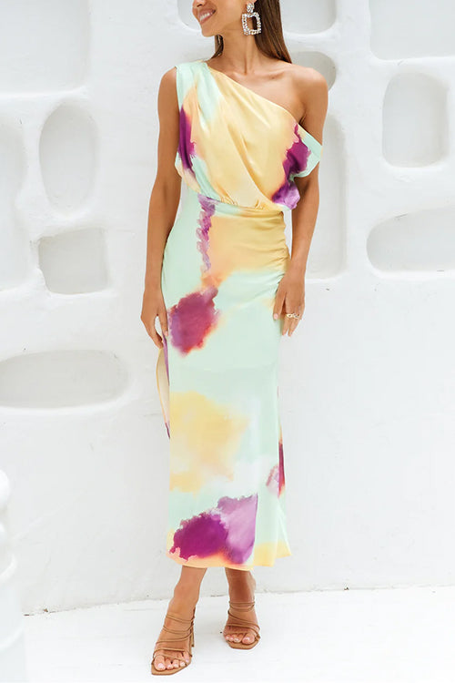 Drune | Asymmetrisches Schulter Tailliertes Batik Schlitz Maxikleid