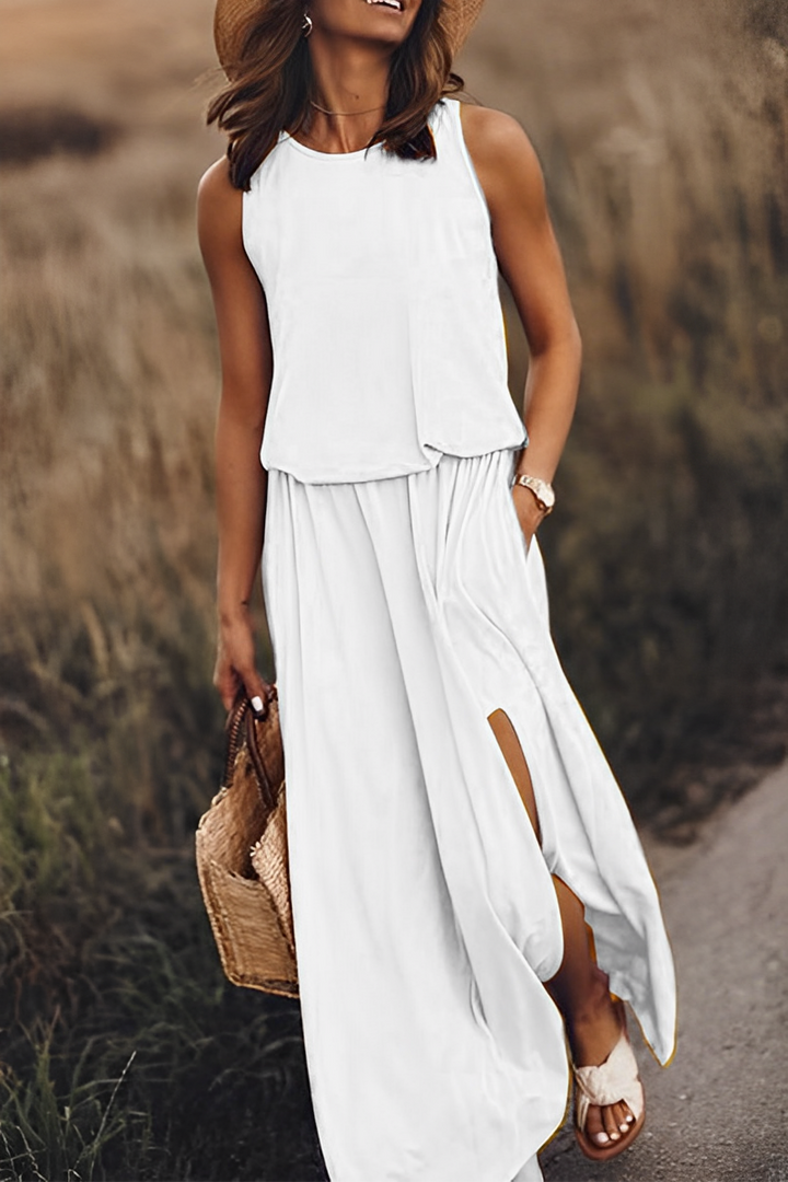 Drune langes Kleid | Elegantes ärmelloses Sommerkleid mit Ausschnitten