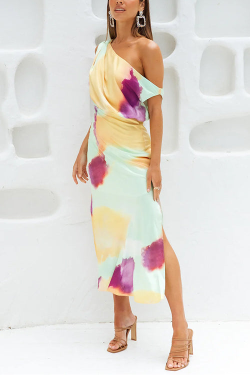 Drune | Asymmetrisches Schulter Tailliertes Batik Schlitz Maxikleid