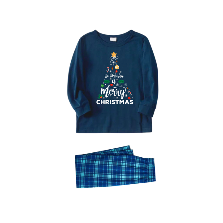 Drune | "Wir wünschen Ihnen frohe Weihnachten" bedrucktes blaues Langarmoberteil mit blau-grünen karrierten Paar-Matching-Pyjamas