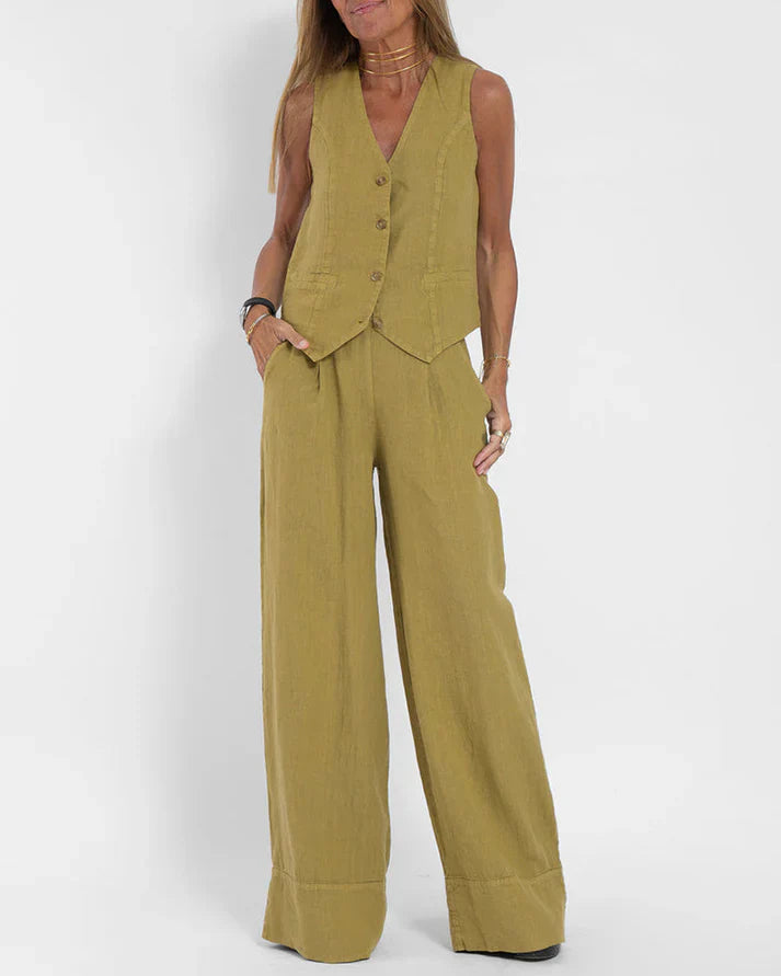 Drune | Elegantes 2 Teiliges Satz Aus Weiter Leinenhose Und Weste