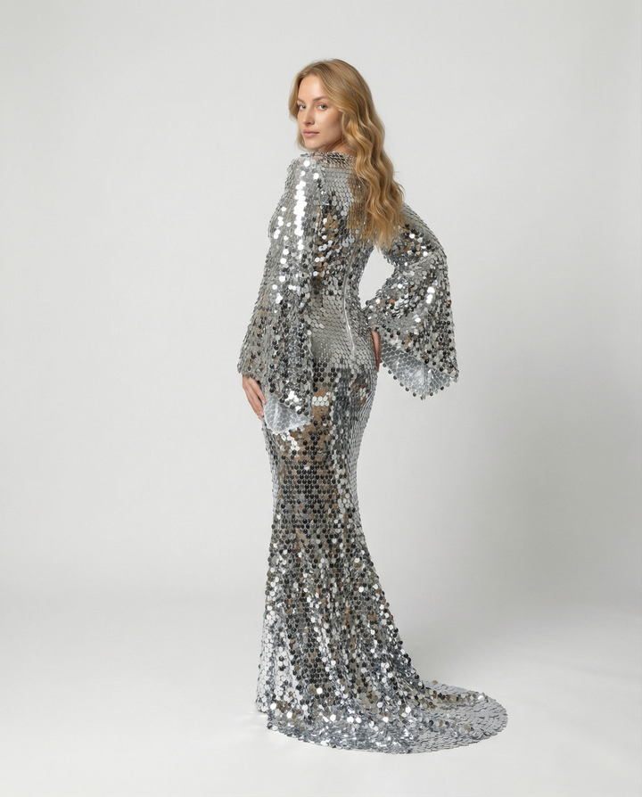 Bezauberndes Pailletten-Abendkleid mit Silber-Cover für Partys | Drune